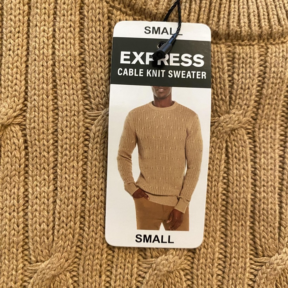 Express Cable Knit Sweater Mens Small Pecan Tan Crewneck Pullover NWT - Picture 2 of 11